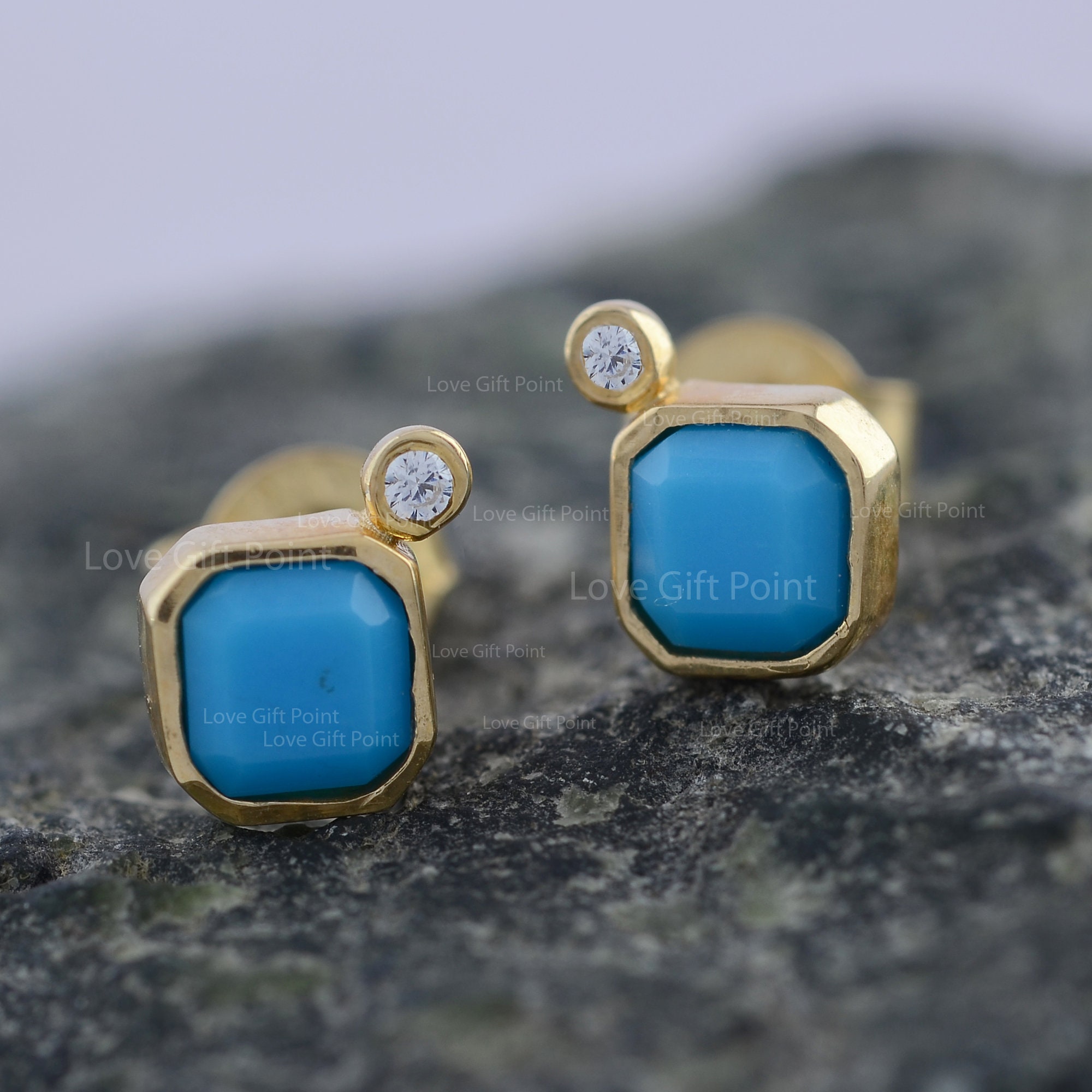 アリゾナ ターコイズ ダイヤモンド 14K ゴールド スタッドピアス