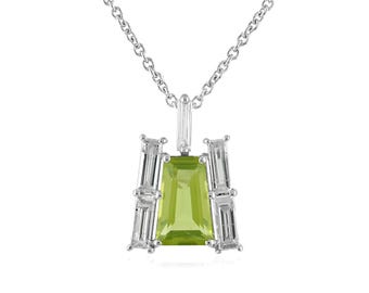Solid 14K White Gold Natural Peridot and Baguette Diamond Pendant Necklace, Elegant Gift for Her