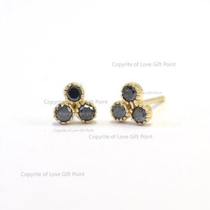 Trio Link Black Diamond Stud Earrings | Solid 14K Yellow Gold Stud Earrings | Milgrain Edge Stud Earrings | Beaded Stud | Pair Stud Earrings