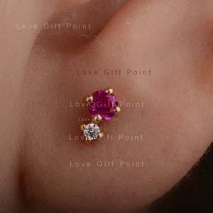 Natural Ruby Gemstone SI Clarity G-H Color Diamond Stud Earrings - Solid 14K Yellow Gold Stud Earrings - Pair Earrings - Women's Earrings