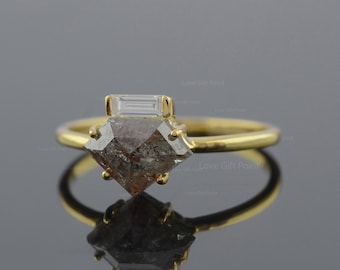 Geometric Salt & Pepper Diamond Ring, 14K Yellow Gold Baguette
