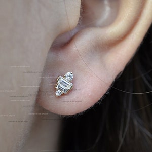 Baguette Diamond Mini Stud Earrings - SI Clarity G-H Color Diamond - Solid 14K Yellow Gold Studs - Valentine&#39;s Gift For Her - Pair Earrings