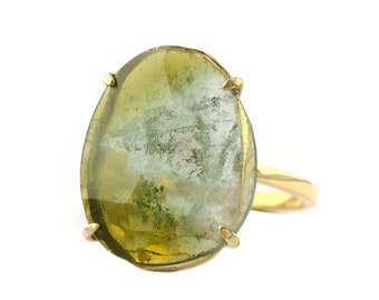 Green Tourmaline 14K Yellow Gold Ring, One-of-a-Kind Statement Jewelry