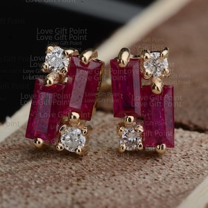 Baguette Ruby & Round Diamond Stud Earrings / 14K Solid Gold Earrings, Cluster Earrings / Handmade Geometric Shape Stud Earrings
