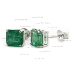 Solitaire Princess Cut Zambia Mines Emerald Mini Stud - Massieve 14K witgouden oorbellen - Minimalistische sieraden - Paar oorbellen Valentijnsdag