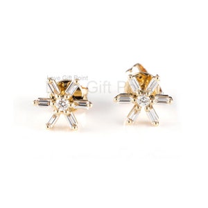 Flower Shape Starburst SI Clarity G-H Color Baguette Diamonds Stud | Solid 14K Yellow Gold Stud | Valentine&#39;s Women Star Stud Pair Earrings