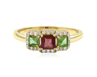 10K/14K/18K Solid Gold Ring, Trio Square Tourmaline Ring, Diamond Pave Halo Ring, Multi Stone Ring