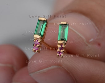 Tiny Baguette Zambian Emerald Stud Earrings | Small Ruby Stud Earrings | Solid 14K Yellow Gold Tiny Earrings | Valentine's Pair Stud Earring