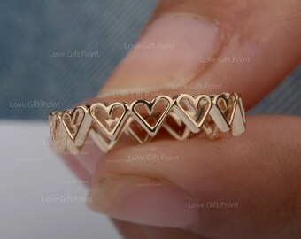 Heart Eternity Band Ring Solid 14K Yellow/Rose/White Gold Love Heart Ring Minimalist Anniversary Ring Valentine Gift For Her