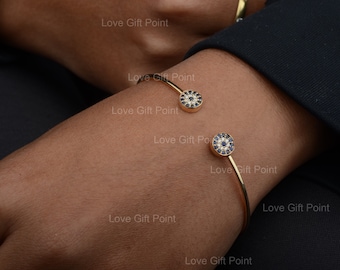 Genuine Blue Sapphire Gemstone Diamond Evil Eye Cuff Bangle Bracelet 14K Solid Yellow Gold Minimalist Love Jewelry Valentine&#39;s Day Gift Idea
