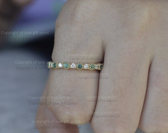 Genuine Emerald Gemstone With Diamond Eternity Wedding Band Ring Solid 14K Yellow Gold Handmade Minimalist Jewelry Gift For Her Memorial Day