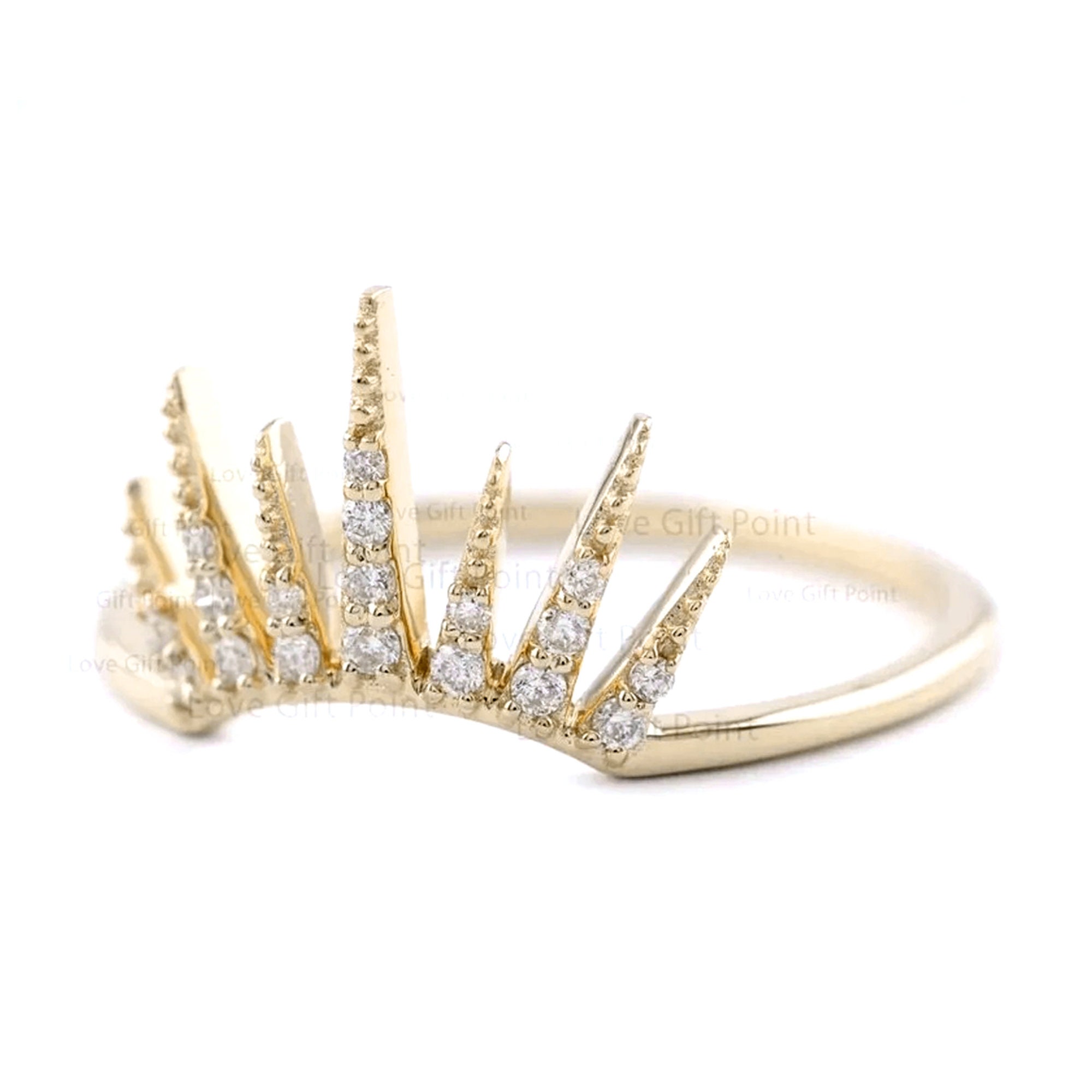 Real SI Clarity G-H Color Diamond Nesting Sun Crown Ring Solid 14K Yellow Gold Handmade Minimalist Rising Princess Ring