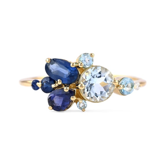 14K Gold Multi Stone Cluster Ring: Aquamarine, Sapphire, Topaz Iolite