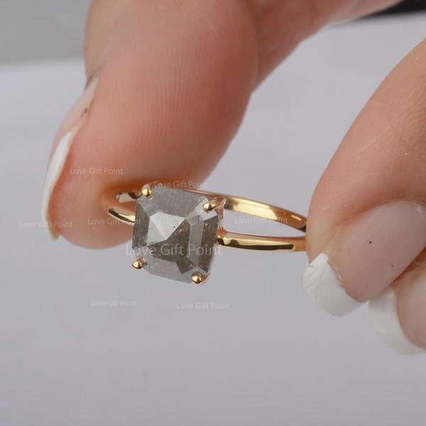 Natural Square Cut Salt and Pepper Diamond Engagement Ring Solid 14K Yellow Gold Wedding Fine Anniversary Unique Jewelry Special Gift Idea.