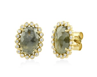 Natural Salt and Pepper Earrings Solid 14K Yellow Gold Bezel Set Diamond Halo Studs