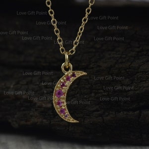 Pink Sapphire Genuine Gemstone Crescent Moon Charm Pendant Necklace Solid 14K Yellow Gold Handmade Personalized Gemstone Jewelry