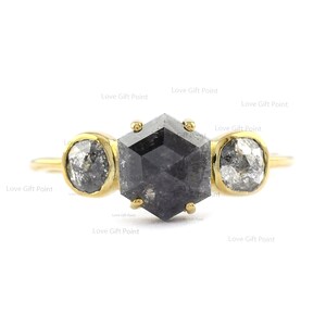 Hexagon Salt and Pepper Diamond Ring: 14K Yellow Gold Wedding Ring