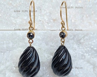 Ear Wire Dangle And Drop Earrings | Natural Black Onyx Earrings | Black Diamond Earrings | Solid 14K Yellow Gold | Valentine's Pair Earrings