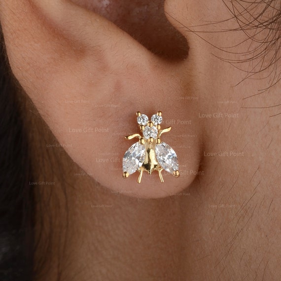 Honey Bee Stud Earrings Natural Round Marquise Diamond Bee Studs 14K Gold Diamond Earrings Animal Pair Stud Earrings Bee Lover Gifts Etsy