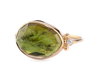 Natural Unshaped Green Tourmaline Ring, 14K Solid Yellow Gold Diamond Wedding Ring, Unique Cocktail Ring, Wedding Collection