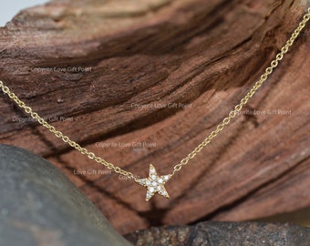 Diamond Necklace / Star Charm Necklace / Tiny Star Diamond Choker / 14k Gold Necklace / Diamond Choker Necklace / Genuine diamond Pendant