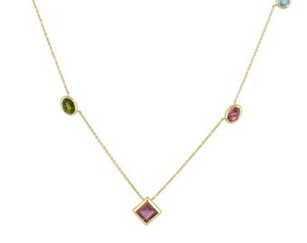 14K Gold Multi Gemstone Necklace, Green & Pink Tourmaline Blue Topaz Choker In Bezel Setting, Thin Cable Chain