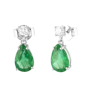 Drop Dangle Earrings | Natural Zambian Emerald SI Clarity G-H Color Pear Diamonds | Solid 18K White Gold Dangle Earrings | Valentine's Pair