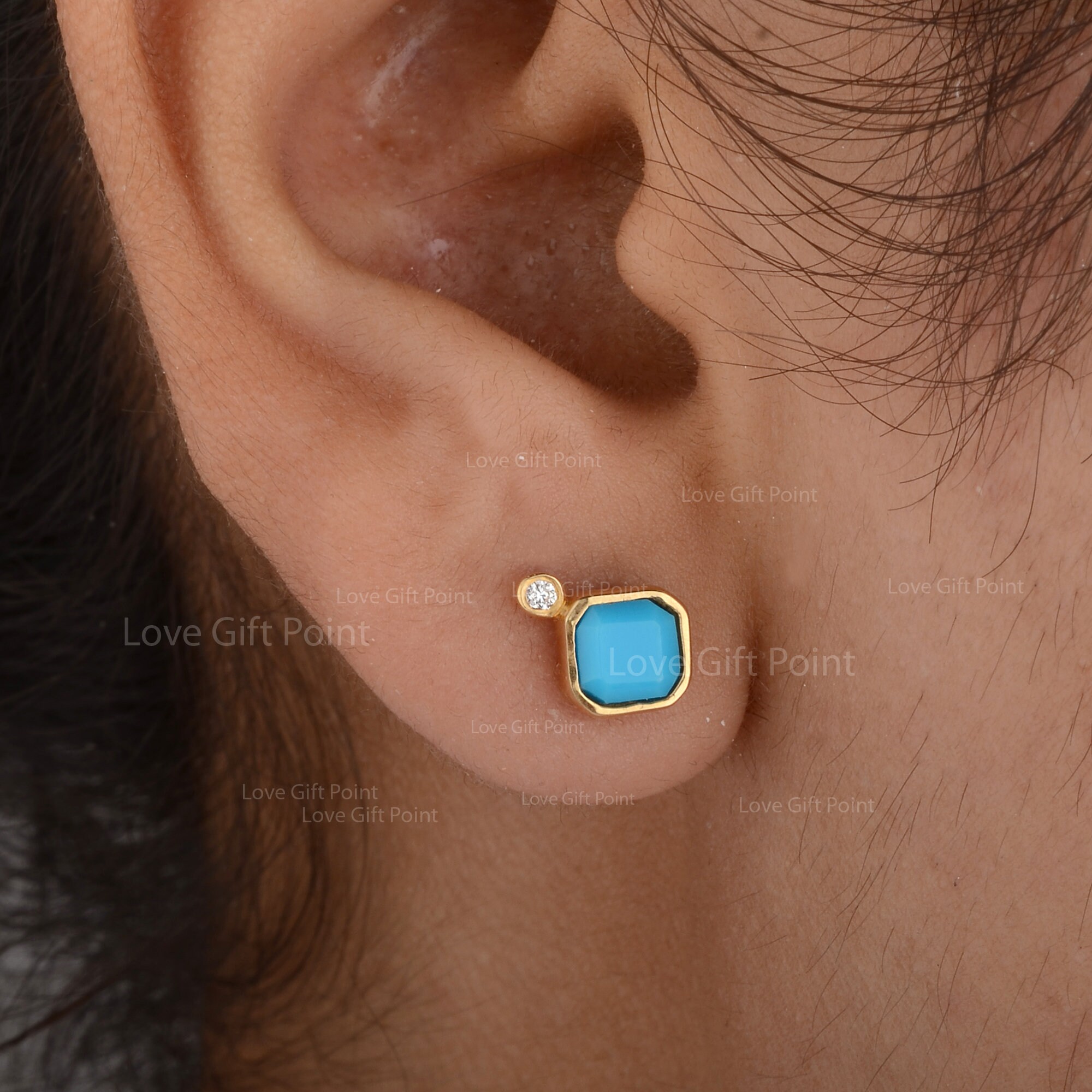 アリゾナ ターコイズ ダイヤモンド 14K ゴールド スタッドピアス