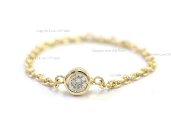 Genuine Solitaire Diamond Chain Ring 14K Solid Yellow Gold Bezel Set Diamond Ring Minimalist Jewelry Gift Size 3 to 9 Mother&#39;s day Gift