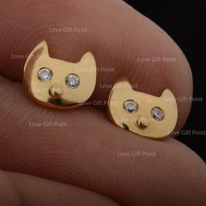 Beautiful Mini Cat Face Stud Earrings Solid 14K Yellow Gold Genuine 0.04 Ct. SI Clarity G-H Color Diamond Push Back Animal Stud Earrings