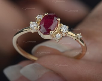 Oval Ruby Diamond Ring, 14k Solid Gold Wedding Ring