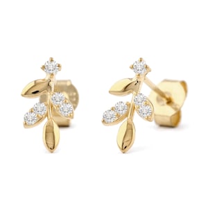 Genuine Leaf Shape SI Clarity G-H Color Diamonds Stud Earrings | Solid 14K Yellow Gold Earrings | Minimalist Tiny Stud Earrings | Pair Stud