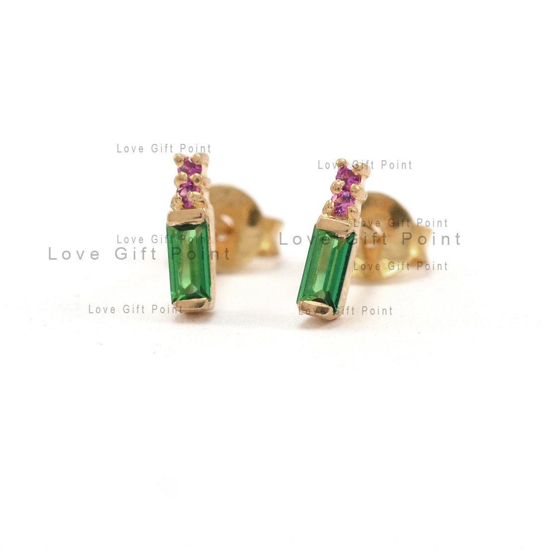 14Kゴールド製ザンビア産エメラルド＆ルビースタッドピアス - Etsy 日本