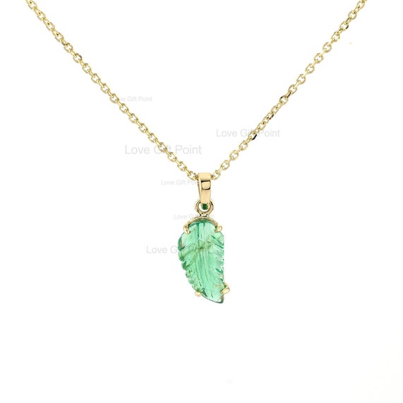 Carving Emerald Leaf Necklace 14K Gold Pendant Necklace Genuine