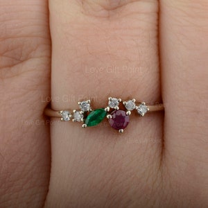 Genuine Marquise Emerald Ruby Gemstone Diamond Cluster Ring Solid 14K Yellow Gold Engagement Ring Minimalist Jewelry Handmade Gift Ring