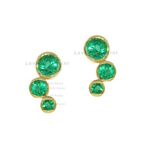 Genuine Three Stone Emerald Gemstone Stud Earrings in Solid 14k Yellow Gold Emerald Earrings May Birthstones Jewelry