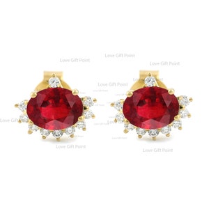 Solitaire Oval Ruby Gemstone Stud Earrings-SI Clarity G-H Color Diamonds Stud Earrings-Delicate Stud Earrings-Pair Earrings-Half Halo Stud