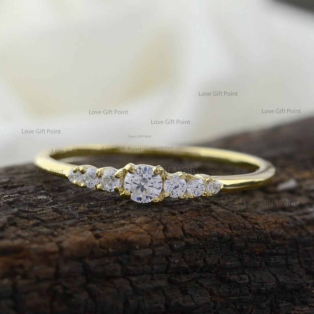 14K Gold Seven Stone Diamond Ring: Dainty Pave Stacking Ring