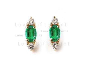 Genuine Zambia Emerald Gemstone SI Clarity G-H Color Diamond Tiny Studs Earrings in Solid 14k Yellow Gold Minimalist Jewelry Gifts for Her