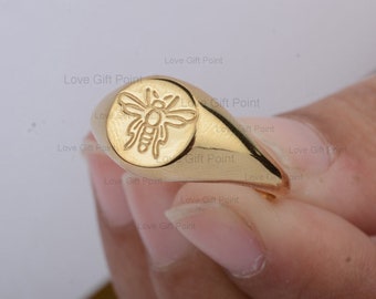 Anillo de sello de abeja de oro amarillo macizo de 14k, joyería animal hecha a mano