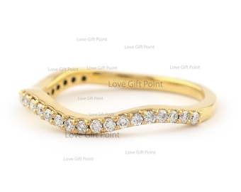 14K Yellow Gold Diamond Eternity Band: Handmade Wave Wedding Ring