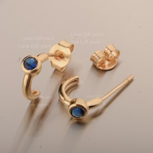 Blue Sapphire Natural Genuine Gemstone Solid 14K Yellow Gold Delicate Huggie Hoop Push Back Earrings Love Gift Point Fine Jewelry Gift Ideas