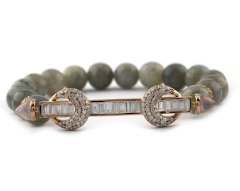 Genuine Classic Pave & Baguette Diamond Labradorite Beaded Bracelet 18K Solid Yellow Gold Bracelet With Certified Moonstone Bridesmaid Gift.