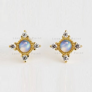 Cubic Shape Natural Opal Tiny Earrings | SI Clarity G-H Color Pave Diamond | Solid 14K Yellow Gold Stud Earrings | Valentine&#39;s Pair Earrings