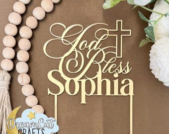 Personalized God Bless Cake Topper with Cross | Mirror Acrylic Name Topper for Baptism, Christening, First Communion | Custom cake topper
