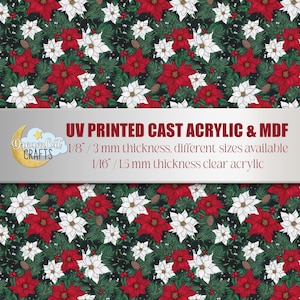 Może przedstawiać: Świąteczny wzór z czerwonymi i białymi gwiazdami betlejemskimi, igłami sosnowymi i szyszkami na ciemnym tle. Obraz zawiera tekst "UV PRINTED CAST ACRYLIC & MDF" i "Dream Cat CRAFTS".