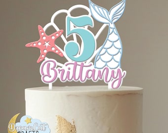 Custom Mermaid Cake Topper – Custom Age and Name – Under the Sea Birthday Decoration - Girl birthday decor- Shell and Mermaid tail cake