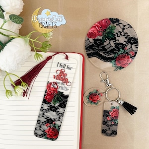 Coffret cadeau en acrylique Dark Romance | Marque-page, dessous de verre et porte-clés Villain Quote | Cadeau livresques gothiques pour elle | Coffret cadeau imprimé UV