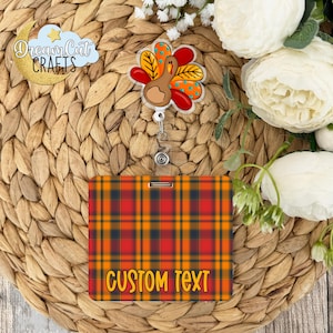 Turkey Badge Reel & Custom Plaid Badge Buddy – Fall Badge Reel Set, Custom Text, Funny Turkey badge reel top, Thanksgiving Badge Holder