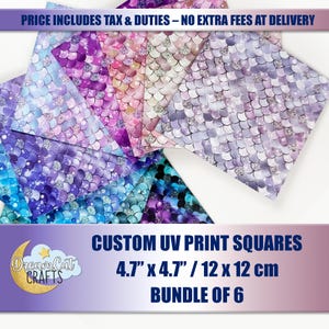 May include: A bundle of six custom UV print squares, each measuring 12 x 12 cm. The squares feature a mermaid scale pattern in shades of blue, purple, pink, and silver. The Dream Cut Crafts logo is visible.